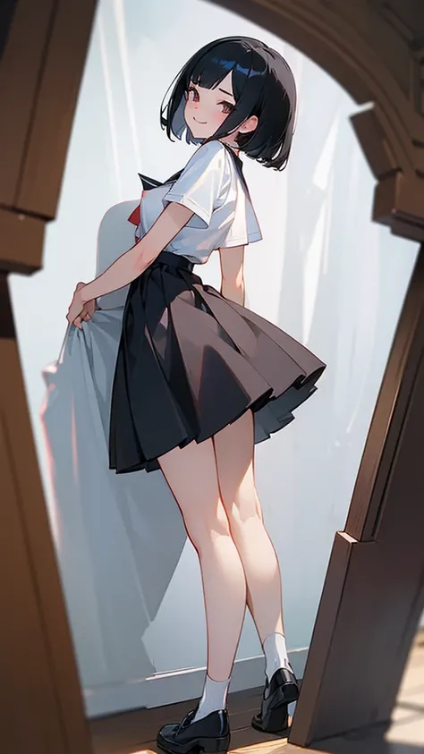 (( top quality)), ((masterpiece)), ( Details),  perfect face、 One Girl ,  sexy、 short bob from behind、 black hair,pale,skinny、Sailor uniform for high school girls、smile、 full body shot、nsfw、Hardening of nipples