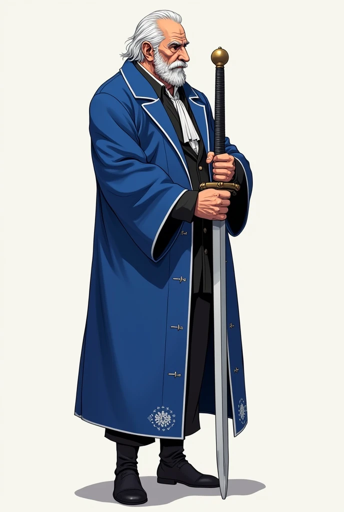 Create a full-body illustration of an elderly man, 70 years old, thin with prominent bones, 57" tall, thick white hair, white mustache, no beard, aquiline manga nose. Wearing a royal blue tunic with silver trim, black pants and boots. Holding sword in fron...