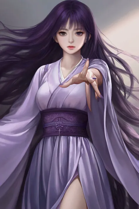 purple hair ,purple hanfu, medium breasts, long hair, expressionless, masterpiece, best quality, realistic, 8k, official art, cinematic light, ultra high res, perfect female body, sharp focus, guofeng, 1girl, solo, chinese clothes, realistic, nail polish, ...