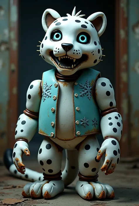 Five Night at Freddys 2 animatronic style.  Snow leopard with a sturdy and elegant structure ,  with white synthetic fur and black spots .  Its eyes shine with a faint icy blue color . It has an agile design ,  with limbs that simulate sharp claws and a lo...