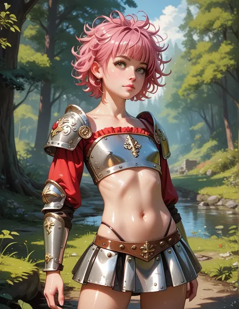  medieval atmosphere  ((1 girl , very young,  Very small , by the ruby, Complexion , Exposed abdomen, armor crop top,  mini skirt armor, Thong peeked out , improve,  flat chest ,((shiny body)),  from ,)), ancient forest, Goblins stalk her, ((pink hair, mes...