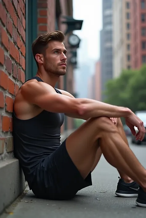 Good looking Caucasian white man in a sports outfit sitting on the floor with one hand on his knee looking up at the sky super realistic leaning on a wall in a city