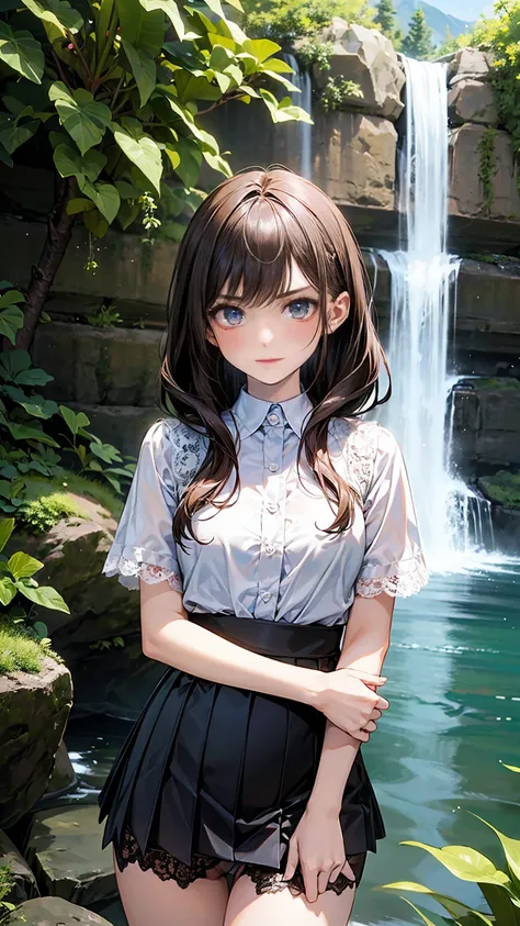  girl in a mini skirt 、 Looking up at a waterfall in a deep mountain valley 、    lace panties、 open legs、 the girl is looking down at me、She puts her arm around her waist and looks angry 、 panties in full view