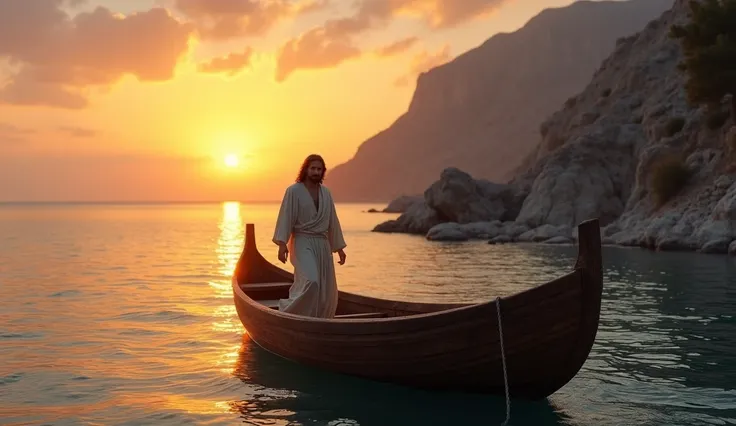 As the sun dips toward the horizon, casting a warm golden glow across the Sea of Galilee, Jesus steps gracefully into a sturdy wooden boat. His simple robe flows with the evening breeze, and his serene expression reflects quiet purpose. The disciples join ...