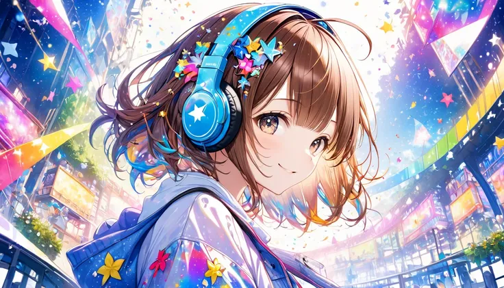 background： in a space decorated like a night party venue、明るい照明と colorful な風船、 decorated with star-shaped decorations 。 expression： with a smile、Create a celebratory atmosphere。  casual style with blue headphones 。  anime style。double exposure /  multiple ...