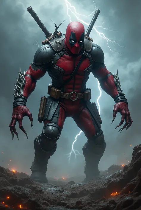 Design a hybrid character combining the key features of a red-suited masked figure with black eye patches (Deadpool) and a silver-armored, insect-inspired helmeted figure (Ant-Man). The hybrid entity should appear monstrous, with an unsettling, dangerous a...