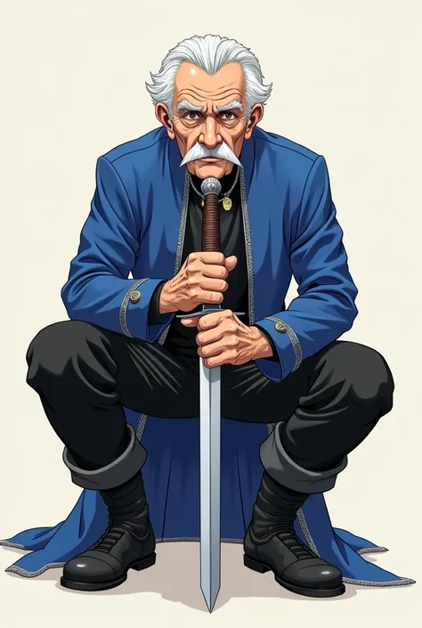 Create a full-body illustration of an elderly man, 70 years old, thin with prominent bones, 57" tall, thick white hair, white mustache, no beard, aquiline manga nose. Wearing a royal blue tunic with silver trim, black pants and boots. Holding sword in fron...