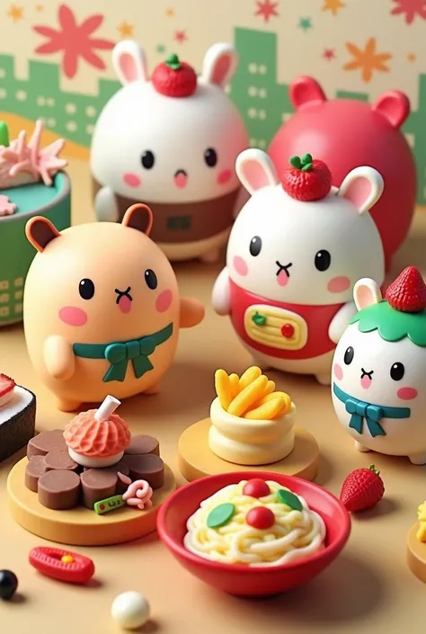 design 10 cute gachapon toys on japanese food like gyudon, udon, tempura, mochi, milk ice cream with cone, sushi, etc