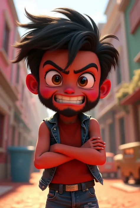  Boy character from the movie playfully ,  style Angry character from amused, disney pixar,3d,With black hair and beard ,  brown eyes,  jeans,  face with angry expression ,  red skin , 8k 