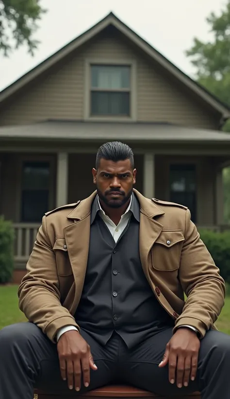 a tall, imposing figure with broad shoulders and a powerful stance. His skin tone is medium brown, with short, neatly trimmed black hair, sharp facial features, and intense, focused eyes.he Sitting in front of a house