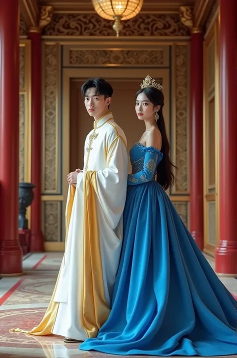 Byeon Wooseok & IU are standing in a modern day korean palace. Wooseok is wearing while & golden modern prince dress & has short black hair. IU is wearing blue princess gown & has long hair. Both are looking at front with royal expressions 