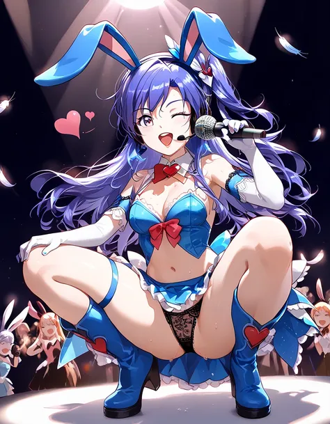 masterpiece, best quality, perfect anatomy, high quality, full body, from bellow, oblique angle, in the front row of the stage , BREAK 1girl, kazanari_tsubasa, idols costume, stage costume blue, Feather decorations on the shoulders, blue dress, frill skirt...