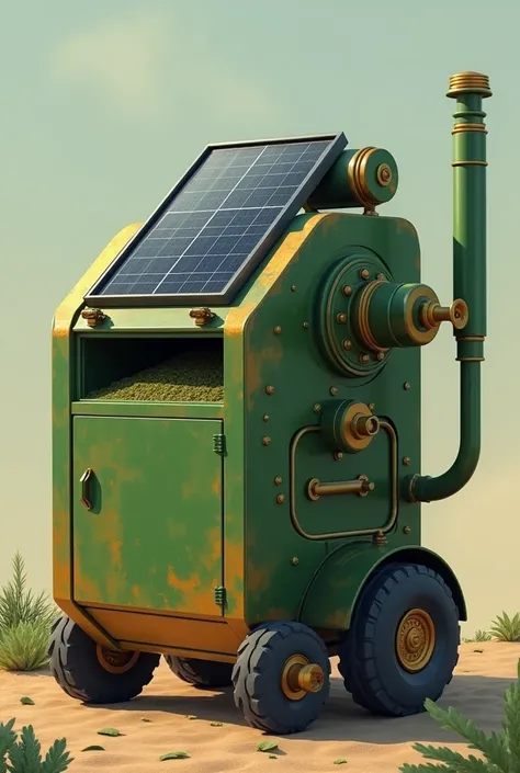 a forage grinder ,  that works with a solar panel .  that the panel is perceptible to the eye.
 but that is not so large or exaggerated .
That it is painted green and gold and is beautiful.
 and that is for manual use  