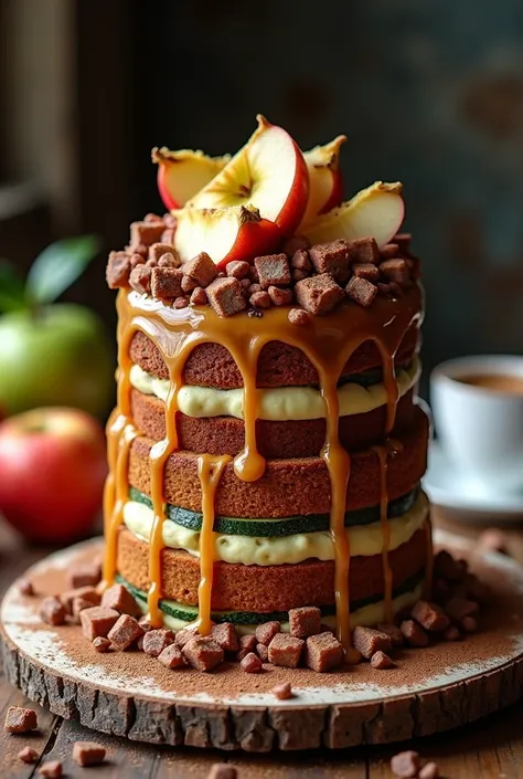 Zucchini, bacon, chocolate chip, cake, caramel syrup, apples, capuchino 