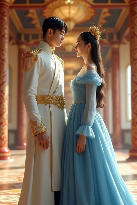 Byeon Wooseok & IU are standing in a modern day korean palace. Wooseok is wearing while & golden modern prince suit & has short black hair. IU is wearing blue princess gown & has long hair. Both are looking at front with royal expressions 