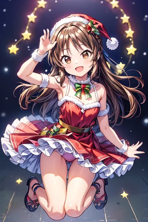 Masterpiece　 top quality　　Racing bloomer with beautiful front legs 　Beautiful upper body　Beautiful lower body　 well-balanced body 　Two perfect legs　 Perfect Five Fingers　 Christmas Live 　Idol　from front　kaori sakuramori full body looking up arm up  jumping...