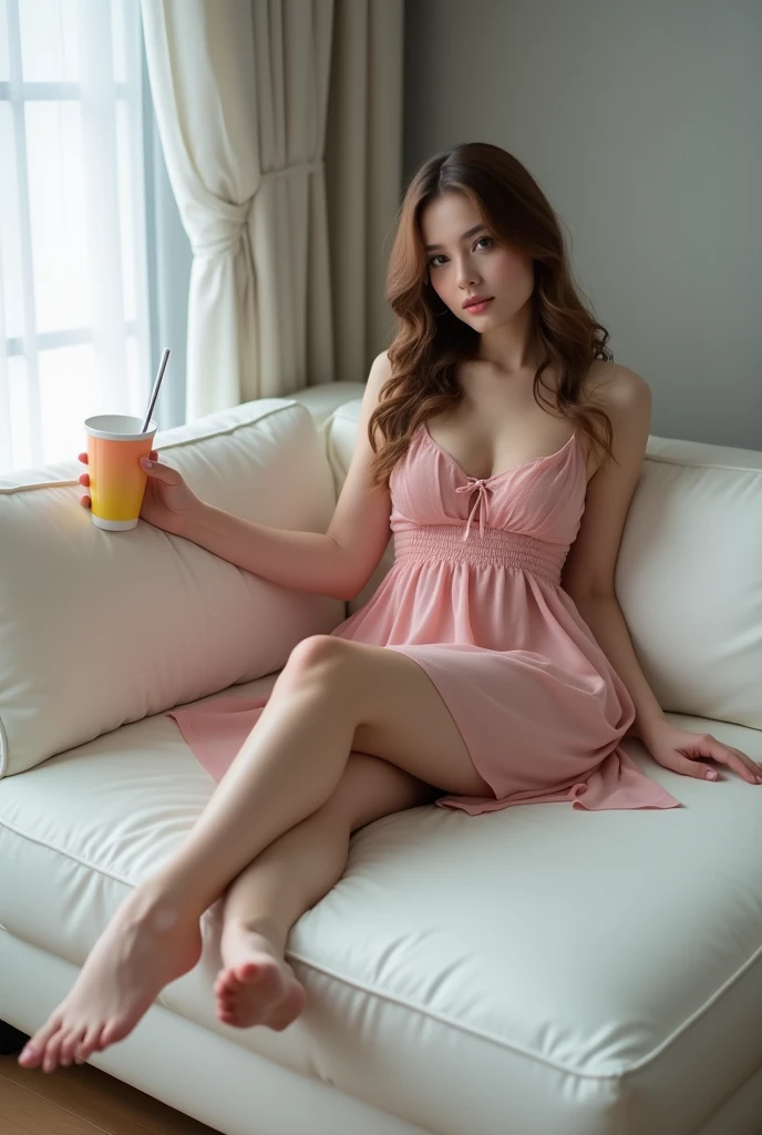 (Full body shot:1) realistic images (lying position:1) Surrealism, Photography, long brown hair, Miss, 2, Hourglass figure, perfect body, flirtatious look, big breasts, blurred background, She lies on a modern white sofa in the living room., she looks sedu...