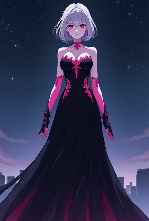 A female villain in the modern anime style ,  with pale skin and wearing a long dress in shades of black and vibrant pink.  She has a confident expression . The dress is elegant and futuristic ,  with pink details around the bust and gloves . The night sce...