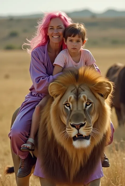 A 40-year-old woman with vibrant, silky pink hair and a gentle smile, donning a worn, purple satin robe that falls below her knees, paired with fitted lavender satin pants, sits confidently on the back of a majestic lion, its tawny fur glistening in the li...