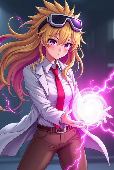 Anime girl with a long white lab coat and white dress shirt with a red tie and long spiky blonde hair with magenta streaks. And a pair of brown pants. And a pair of giant goggles on her forehead. With a magenta lightning ball in her hands 