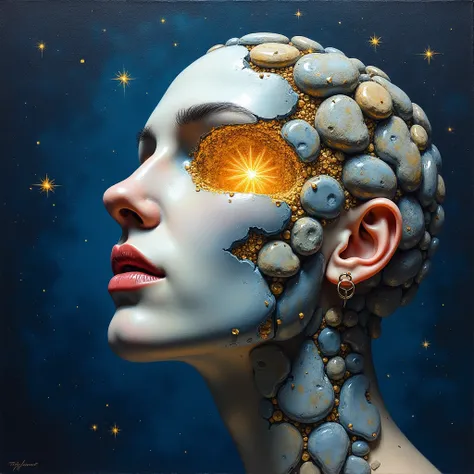 "An oil painting depicting a face made of fragmented stone, slowly reassembling itself in a starry sky. The scene captures a sense of transformation and introspection. Each stone piece shimmers with a subtle glow, and there is a contrast of deep blues and ...