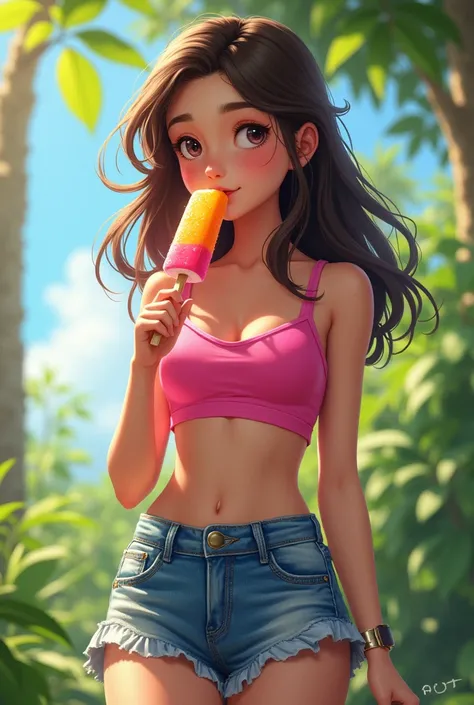 A girl with a pink crop top and eating a popsicle 