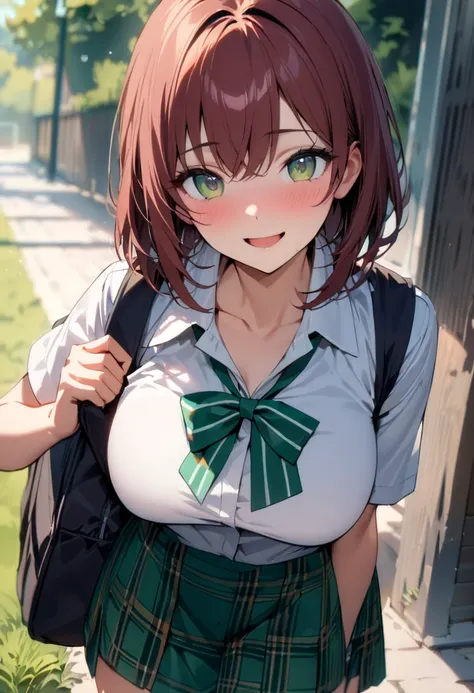 ( masterpiece , top quality:1.2),  1 girl, Alone,  Expressive Eyes ,  straight hair,  loose, short hair ,  maroon hair in the garden, ((( Perfect Face Girl Walking With Her Student Bag On Her Shoulder))),  Big Breasts High School Girl,  uniform with a whit...