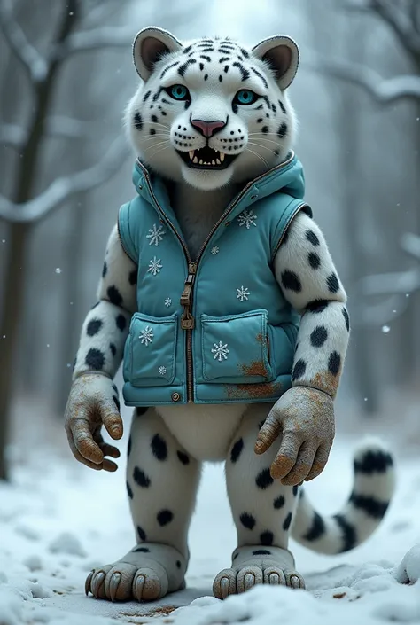  Animatronic style five night at Freddys 2 standing on two legs.  Snow leopard with a sturdy and elegant structure , with fluffy white fur and black spots .  Its eyes shine with a faint icy blue color . It has an agile design ,  with limbs that simulate sh...