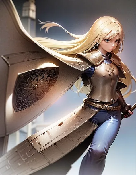  (solo), 1 young girl, ((wide hips, slim body, pale skin)), ((blonde hair, long hair, blue eyes)), (scars), ((silver chest armor, blue pants, belt, (serius), ((medieval atmosphere)), ((holding shield))