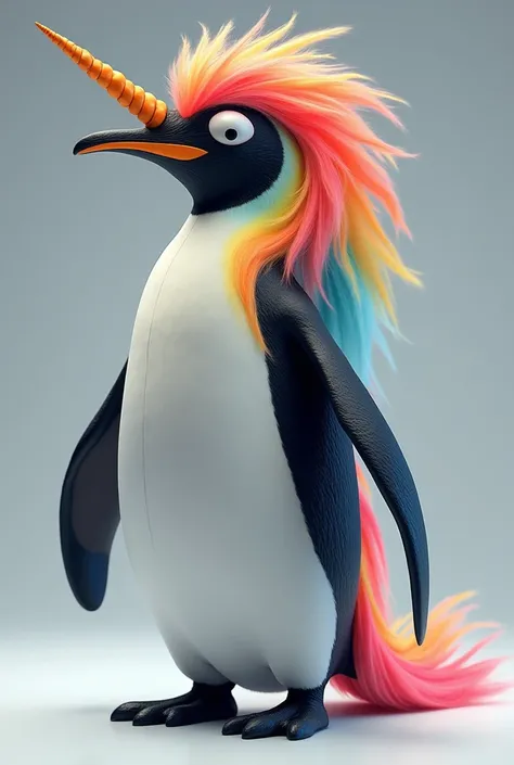 A standing penguin with a unicorns rainbow hair and tail and the black part of its skin is red wine 