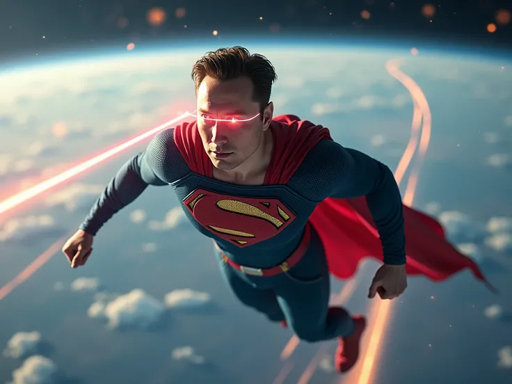 Elon in a superman suit, In low earth orbit, over new york state, shooting lasers out of his eyes like cyclops in x-men.