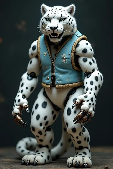 Animatronic with theme of Five Night at Freddys 2 Standing on Two Legs.  Snow leopard with a sturdy and elegant structure , with fluffy white fur and black spots .  Its eyes shine with a faint icy blue color . It has an agile design ,  with limbs that simu...