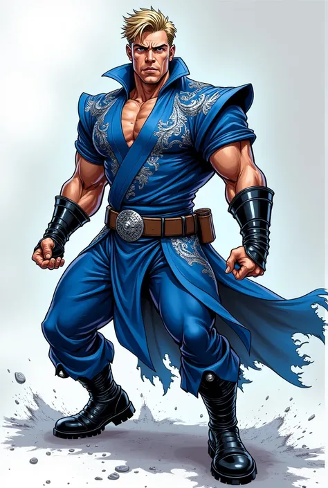 Using actor Tom Elliot as a reference to create manga-style lighting. Wearing a royal blue tunic with silver details, pants, and black combat boots.  position attack
