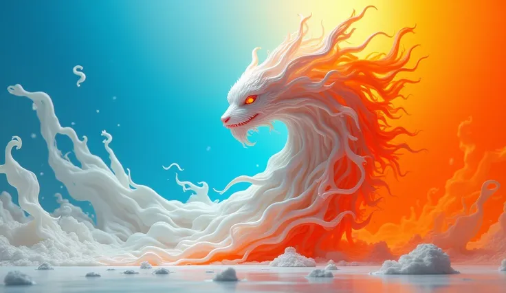 This captivating digital artwork showcases a dynamic,white and Orange being split in half and fused together, from large to small, fluid transition from deep, saturated sky-blue through brilliant blue and warm tangerine, culminating in a bold, electric blu...