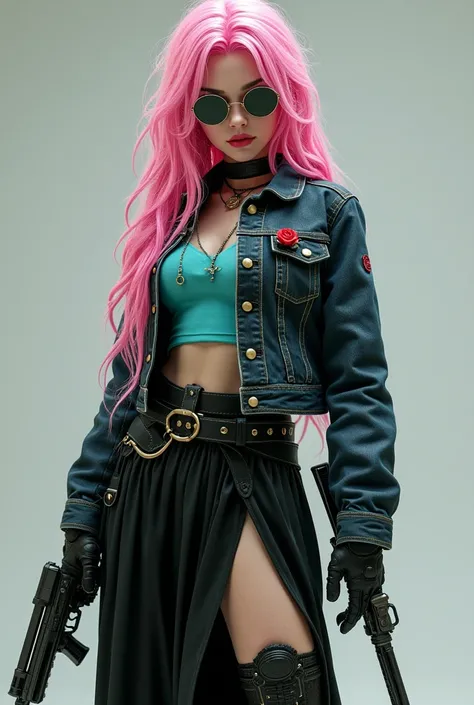 gothic girl,   realistic cyberpunk style 3D high quality intertwined pink hair semitransparent pastel,  green eyes,  square lenses , black jeans jacket , top turquoise,  long skirt with pleats and ornaments like calabera and red roses ,  long black leather...