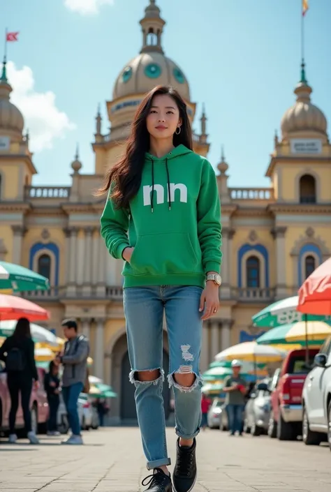 original photo full body .  A strapping Korean girl with long hair was standing in the middle of a stylish field carrying an aesthetically pleasing floral print umbrella.  She was wearing a green hoddie with the logo NN , blue ripped jeans , stylish black ...