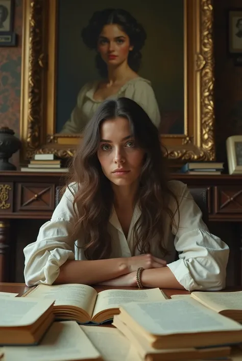  a young woman with a crazy look ,  surrounded by thousands of letters and books , the room is littered with papers . In the background is her portrait in a massive gilded frame. style: Dramatic,  realistic , bright light.