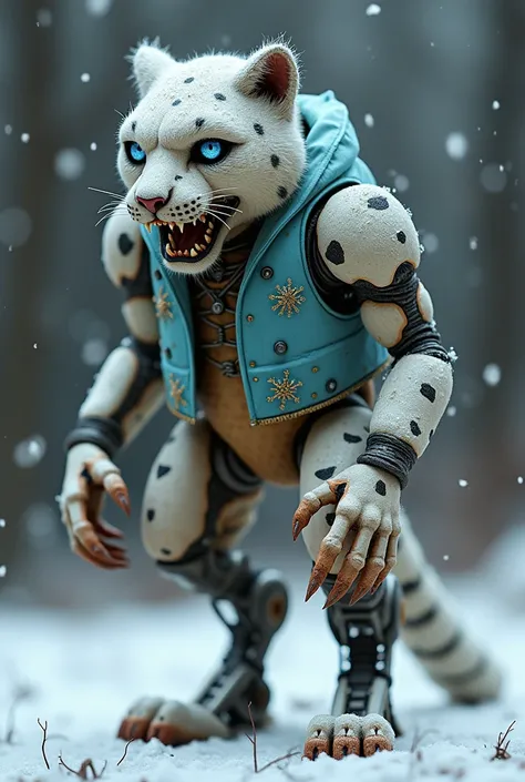  Animatronic with Five Night at Freddys Theme, Standing on Two Legs .  Snow leopard with a sturdy and elegant structure , with fluffy white fur and black spots .  Its eyes shine with a faint icy blue color . It has an agile design ,  with limbs that simula...