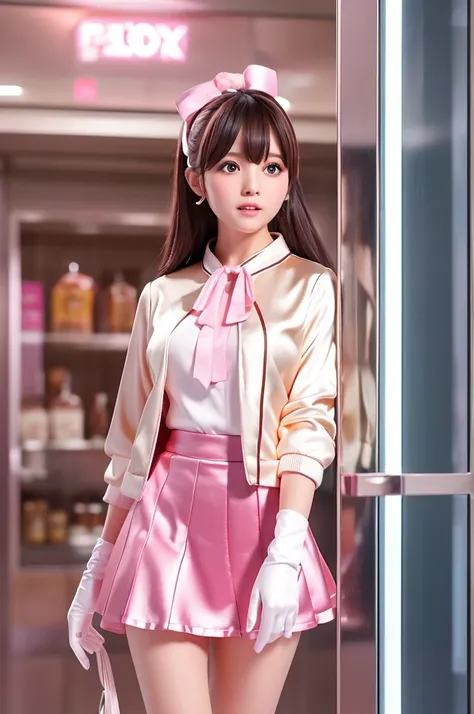 high resolution、Elevator Girl、A silk jacket with a reflective sheen、Blouse with big ribbon、Micro Mini Skirt、Tight Skirt、pink、Thin type、White gloves、department store