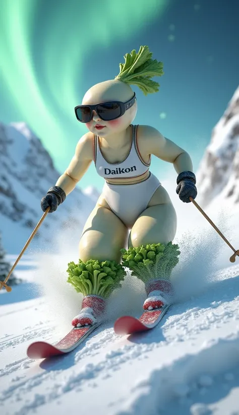 Realistic radish doing Ski Sprint, radish wearing sports sunglasses, ski wear with Daikon written on bib. He is going down a slope at high speed, scattering snow violently. Spattering snow. Very detailed and realistic photo of a vegetable root, slightly re...