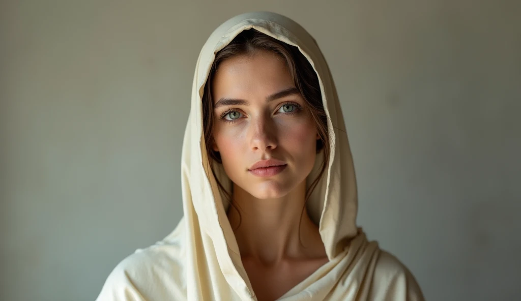 Create an ultra-realistic image of the face of the Virgin Mary with a humble and simple appearance. Use a Leica SL2 Bundle camera with a 24-70mm f/2.8 47 megapixel full-fame mirrorless lens