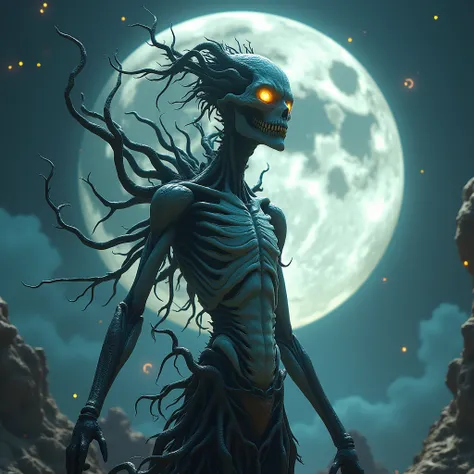 is a terrifying, cosmic entity from a nightmarish, Lovecraftian realm. Its form is an unsettling blend of humanoid and alien features, exuding both ethereal beauty and grotesque horror. Its body is tall, thin, and gaunt, covered in pale, deathly skin marke...