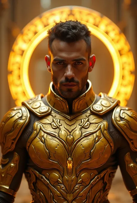 close up of a man in golden scorpion battle suit with gold magic circle background like in middle east