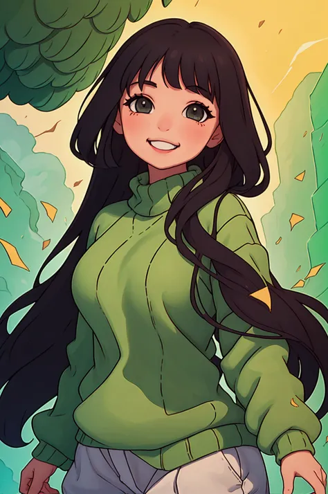  girl、DEEP GREEN SWEATER BREAK、 long hair on background、 black hair、 chubby、smile、