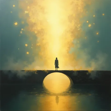  "An oil painting depicting a figure standing on a bridge that is dissolving into a ray of golden light. The sky above shifts from deep blue to a bright, warm gold, with soft light radiating outward. The scene is calm and ethereal, with subtle movement of ...