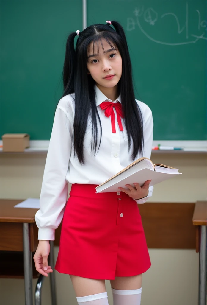 a beautiful 12-years-old, twin pony tail black hair, innatural huge breasts , wear tight white shirt, short red skirt, high long white stocking, hold a book and pen, in front on class room with green chalk board as detailed background. Realistic photograph...