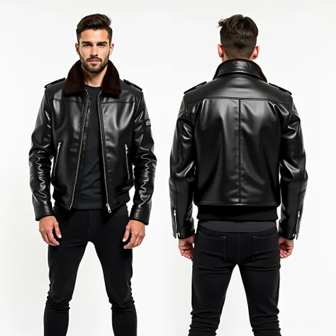 a leather jacket on frontal pose (where you can see the full front of the jacket) and a back pose (where you can see the back of the jacket) and a side pose (where you can only see the full profile of the jacket) WITH NOBODY WEARING IT.