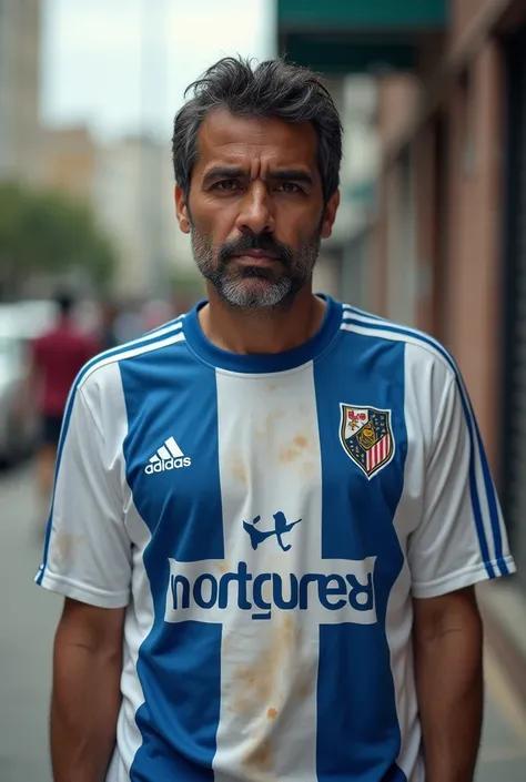 Image of a homeless man without a beard and shaved,  wearing a white and blue parallel striped jersey from Club Monterrey, Asking for handouts head-on shot 