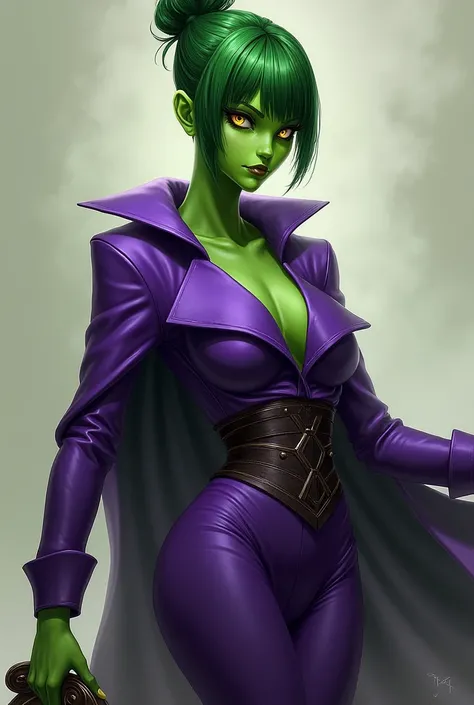 Create a green woman with short hair tied in a bun with a frog-shaped bag in her hand and a purple outfit and yellow eyes and an evil and empowered look