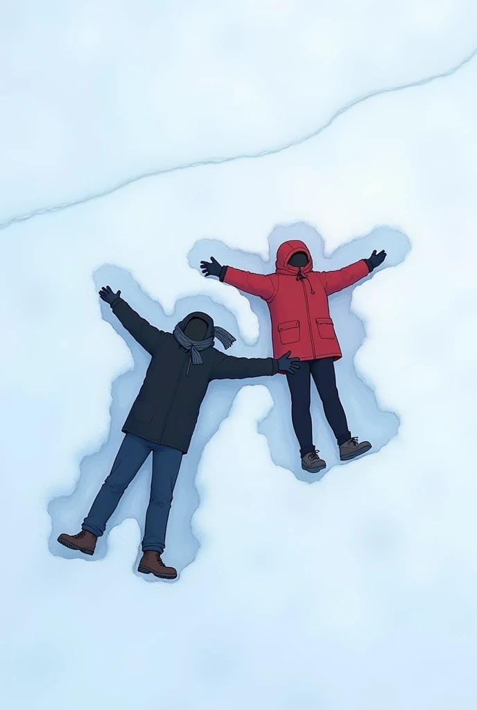 "Two faceless figures ,  lying in fresh snow ,  forming snow angels .   A figure wears dark clothes and a scarf ; The other one,  a bright red jacket .   Clean and minimalist drawing style ,  without excessive details on the clothes .   Focus on the postur...